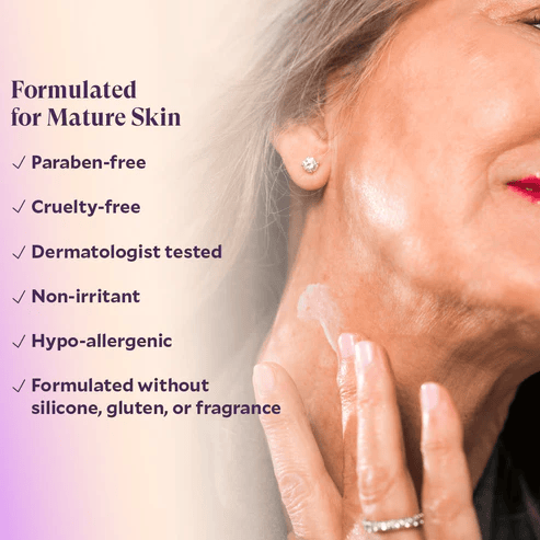Woman applying skincare product with product features listed on a light background